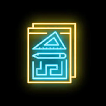 Glowing neon icon of an architectural project with a ruler, pencil, and trian 스톡 일러스트
