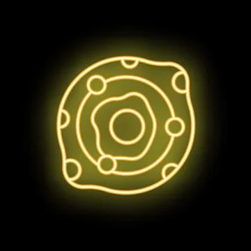 Glowing neon icon of an atom with electrons orbiting nucleus Stock Illustration