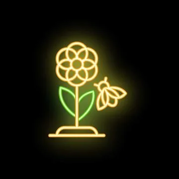 Glowing neon icon of a bee pollinating a flower Stock Illustration