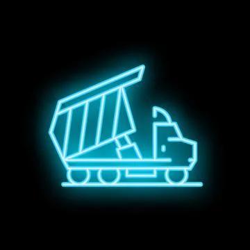 Glowing neon icon of a blue dump truck on black background Stock Illustration