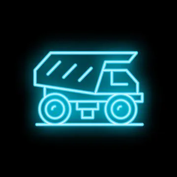Glowing neon icon of a blue dump truck on black background Stock Illustration