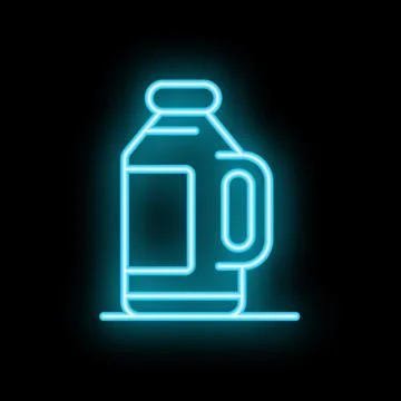 Glowing neon icon of bottle with handle for liquid product Illustration