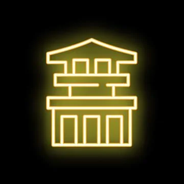 Glowing neon icon of a building with pillars on black background Ilustración de archivo