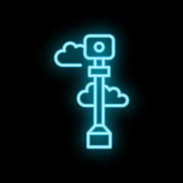 Glowing neon icon of cctv camera on a pole surrounded by clouds イラスト素材