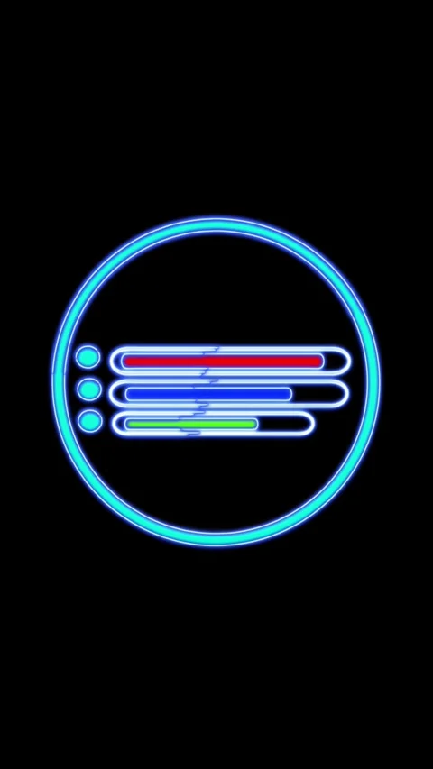 Glowing neon icon of a circular user interface showing three horizontal sli.. Stock Footage 344733288
