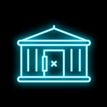 Glowing neon icon of a closed building on black background Ilustración de archivo