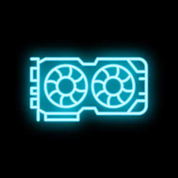 Glowing neon icon of computer graphics card showing two cooling fans Illustrazione stock