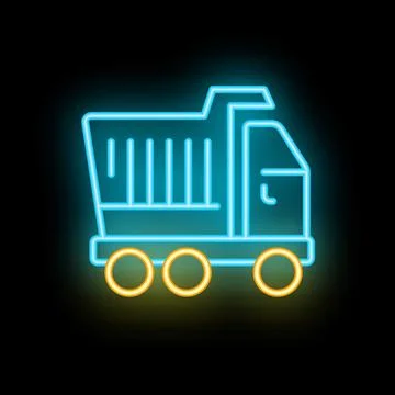 Glowing neon icon of a construction dump truck on a black background Stock Illustration