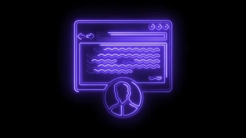 Glowing neon icon displaying a profile page with text content on black back.. Stock Footage 316675505