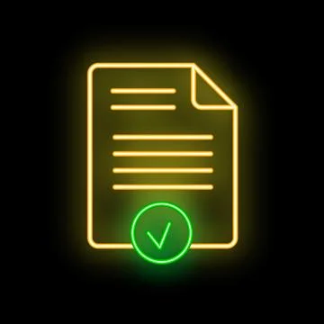 Glowing neon icon of a document being validated by a green check mark Stockillustratie