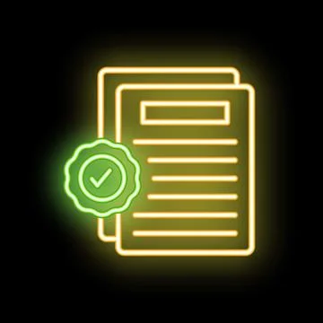 Glowing neon icon of a document with a green approved stamp Stock Illustration