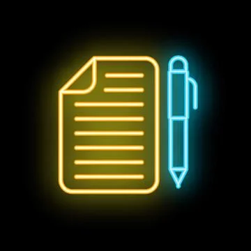 Glowing neon icon of a document with lines and a pen for writing on black b.. Stock Illustration