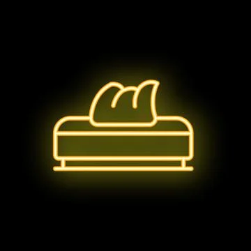 Glowing neon icon of double bed with pillows on black brick wall background Stock Illustration