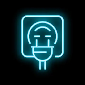 Glowing neon icon of electric socket and plug on black brick wall Stock Illustration
