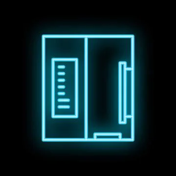 Glowing neon icon of electrical switchboard on black brick wall Stock Illustration