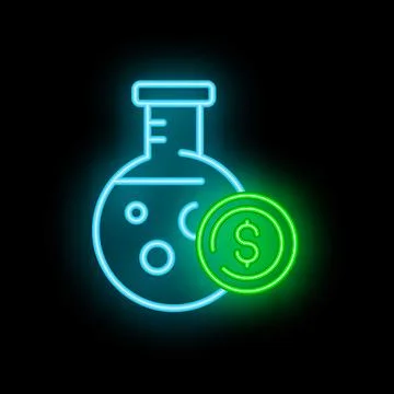 Glowing neon icon featuring a laboratory flask with bubbles and a dollar coin Stock Illustration
