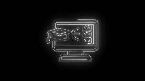 Glowing neon icon of graduation cap on computer screen with books and pencils Stock Footage 333956159