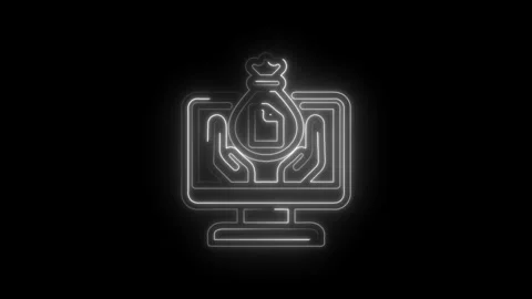 Glowing neon icon of hands holding money bag over computer screen digital f.. Stock Footage 346123446