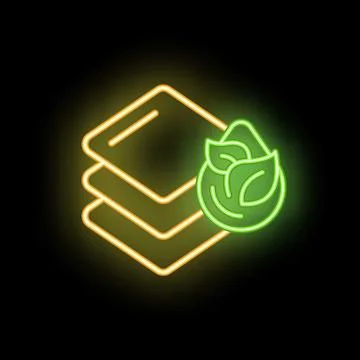Glowing neon icon of layers with leaf symbolizing biomaterials used in eco fr Stock Illustration