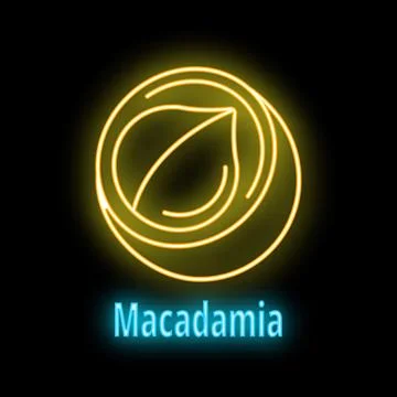 Glowing neon icon of macadamia nut with leaf on black background Stock Illustration