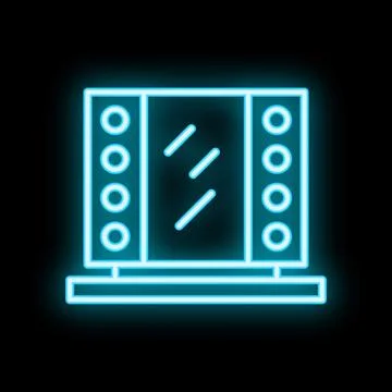 Glowing neon icon of a makeup mirror with lights on black background Stock Illustration