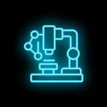 Glowing neon icon of a microscope analyzing molecule structure, representing  Illustrazione stock