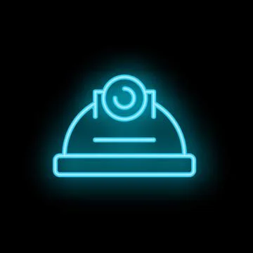 Glowing neon icon of a mining helmet with a headlamp on a black background Stock Illustration