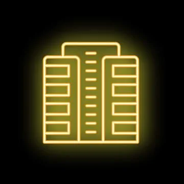 Glowing neon icon of modern multi storey building on black background Ilustración de archivo