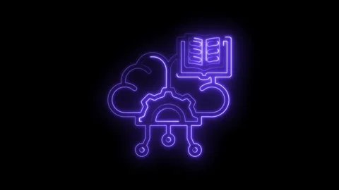 Glowing neon icon of an open book on a cloud with gears and circuit connections Stock Footage 333953004