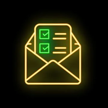 Glowing neon icon of an open mail envelope containing a checklist with two ch Stock Illustration