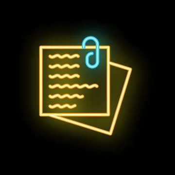 Glowing neon icon of paper documents attached with a paperclip Illustrazione stock