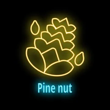 Glowing neon icon of pine nut falling from opened cone on black background Stock Illustration