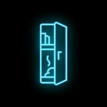 Glowing neon icon of refrigerator with open door on black background Stock Illustration