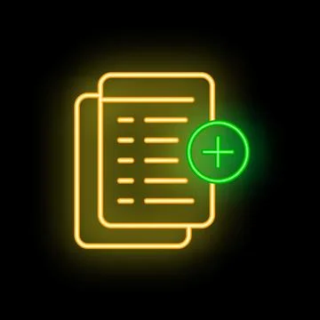 Glowing neon icon representing adding new content, files, or information Stock Illustration