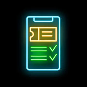 Glowing neon icon representing cinema industry with checklist and movie ticke Stock Illustration