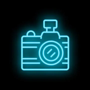 Glowing neon icon of a retro camera with flash on black background Illustrazione stock