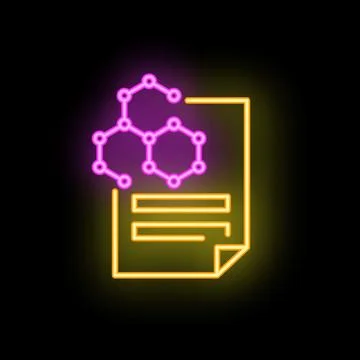 Glowing neon icon of a scientific document with a molecule structure above, r Stock Illustration