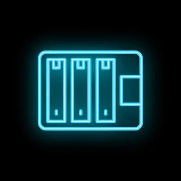 Glowing neon icon of server rack on black background Stock Illustration