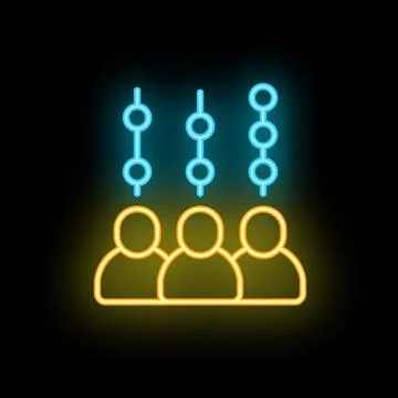 Glowing neon icon of three abstract figures with lines and dots over them, sy Ilustração Stock