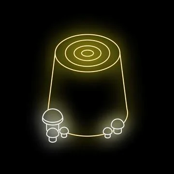 Glowing neon icon of tree stump with mushrooms on black background Stock Illustration
