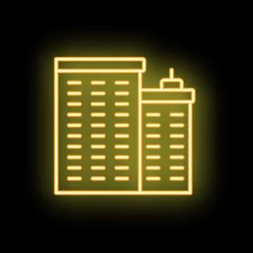 Glowing neon icon of two office buildings on black background Ilustración de archivo