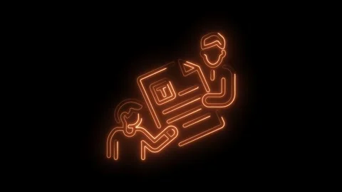 Glowing neon icon of two people discussing a document on black background Stock Footage 345985859