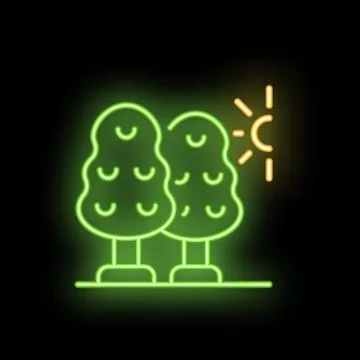 Glowing neon icon of two trees and sun representing park or forest at sunset Ilustração Stock