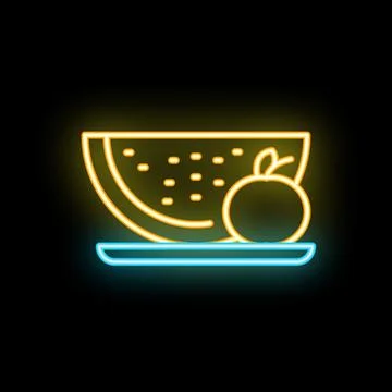Glowing neon icon of a watermelon slice and an apple on a plate representing  Stock Illustration
