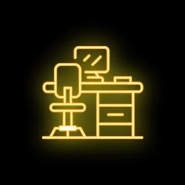 Glowing neon icon of workplace with computer on desk Stock Illustration