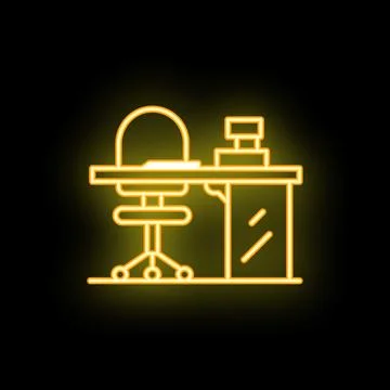 Glowing neon icon of workplace with computer on desk and office chair イラスト素材