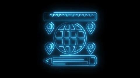 Glowing neon icons globe map pointer ruler and pencil represents global des.. Video stock 308996977