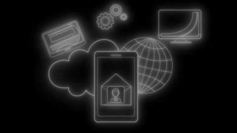 Glowing neon icons representing cloud, mobile device with house avatar anim.. Stock Footage 334764846