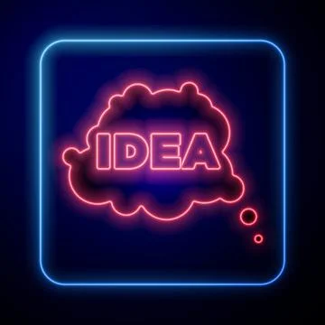 Glowing neon Idea, speech bubble icon isolated on blue background. Message Stock Illustration
