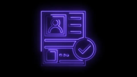 Glowing neon identification document verified with a checkmark symbol on a black Stock Footage 322960712